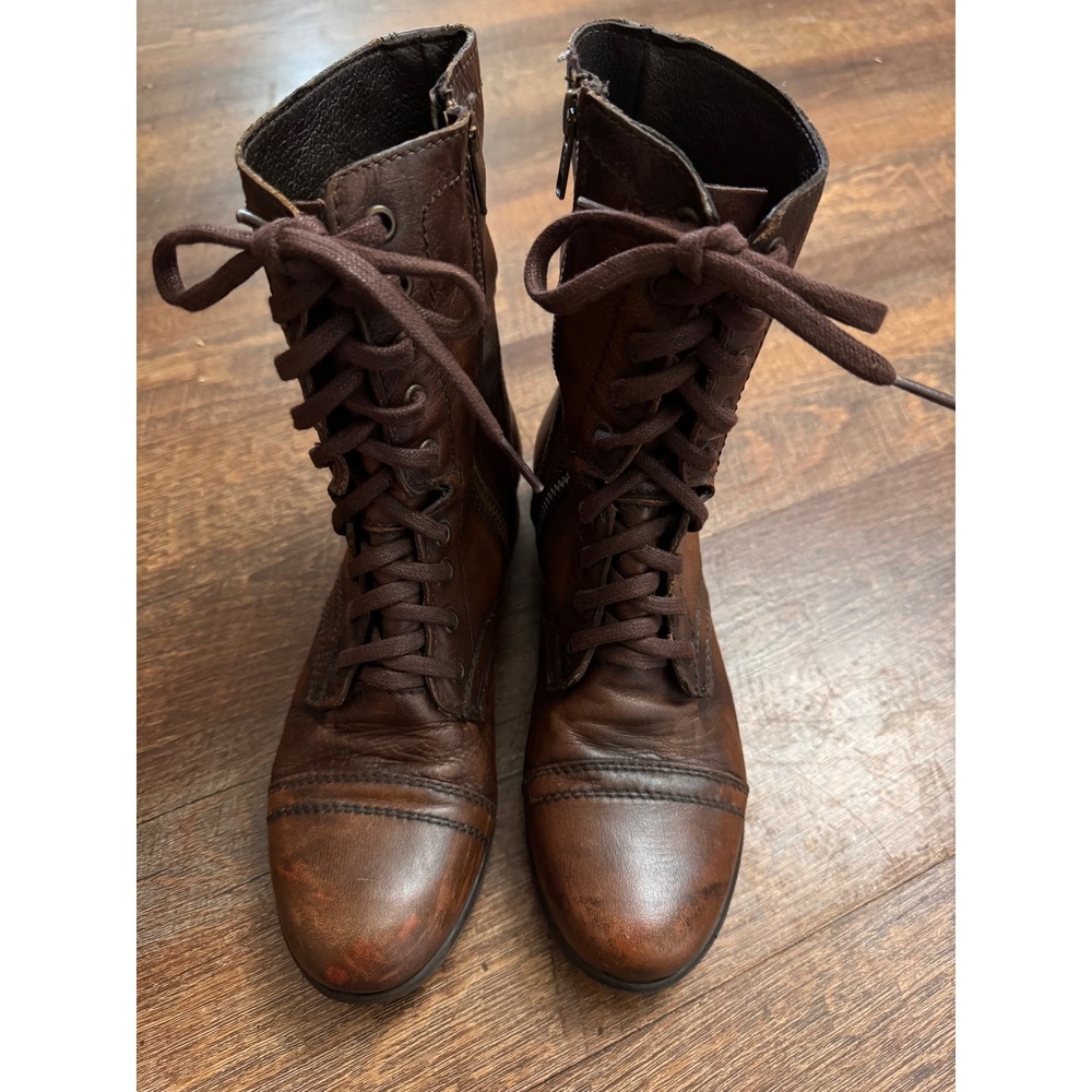 Steve Madden Brown Leather Combat Boots Lace Up Zip Cap Toe 7.5